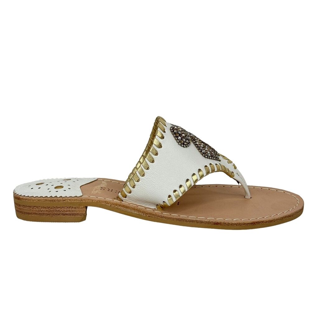 Jack Rogers Women’s White Gold Thong Sandal 6.5 Sparkle Bow Rhinestone Fancy NEW - Picture 6 of 11